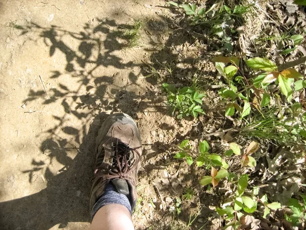 Fuß Wanderstiefel Auf Einem Feldweg Mit Pflanzen — Stockfoto