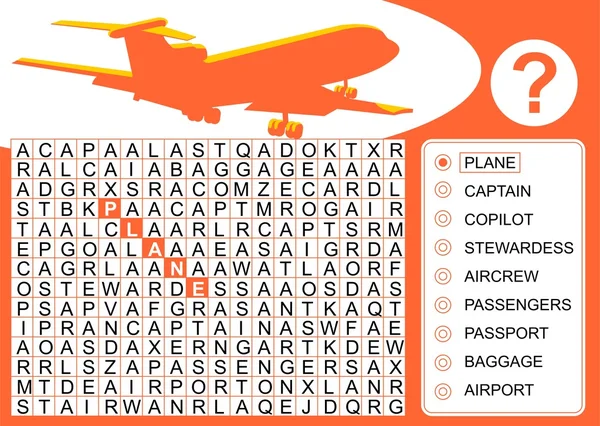 Αεροπλάνο, λέξη αναζήτησης παιχνίδι — Διανυσματικό Αρχείο