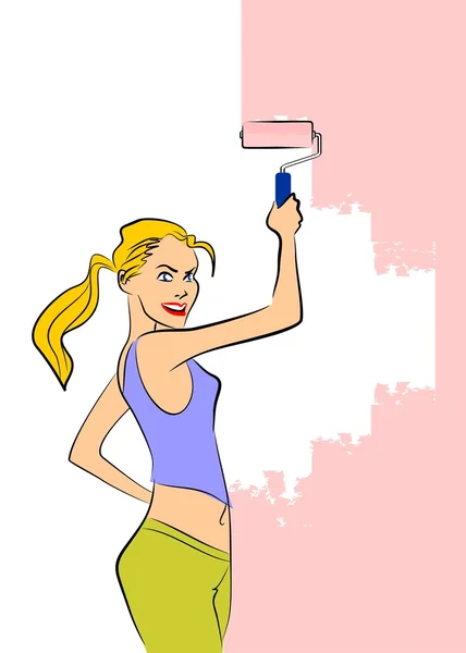 Young woman painting the wall — Stock Vector