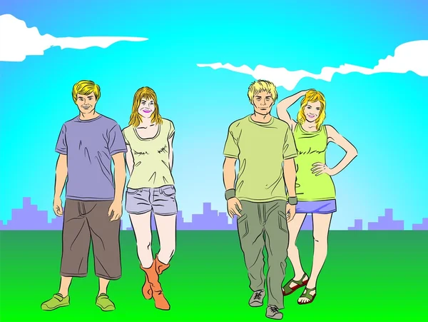 四名青少年快乐在公园 — 图库矢量图片