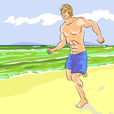 Genç adam sahilde koşuyor.