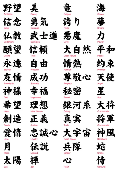 Kanji japonês, palavras de tatuagem — Vetor de Stock