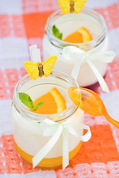 Panna cotta alla vaniglia con gelatina di arancia e lampone . — Foto Stock