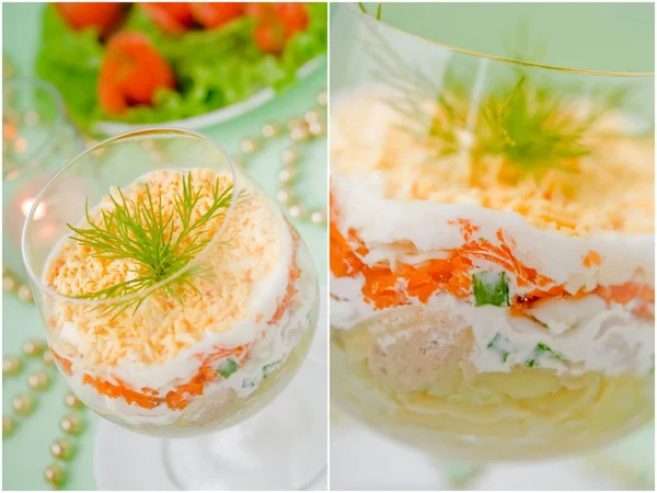 Collage di cibo. Insalata di fegato di merluzzo con uova, carote, formaggio, cipolle e patate. Insalata con panna acida. Insalata di mimosa . — Foto Stock