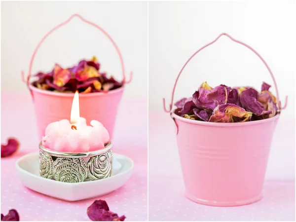 Vackra spa miljö med rosa ljus och rosenblad. collage. — Stockfoto