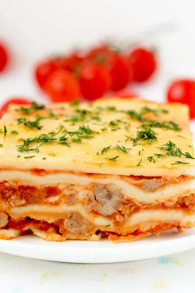 Italian lasagna with meat and tomatoes. Macro. — Stock Photo, Image