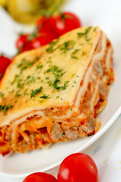 Italian lasagna with meat and tomatoes. Macro. — Stock Photo, Image