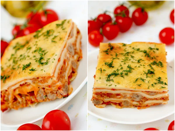 Italian lasagna collage with meat and tomatoes. — Stock Photo, Image