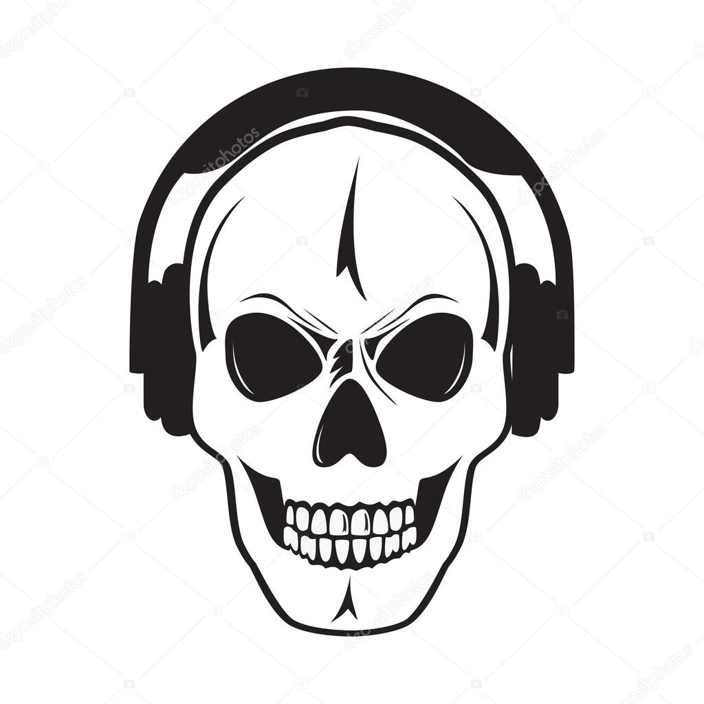 Jolly skull with headphones. Isolated object.