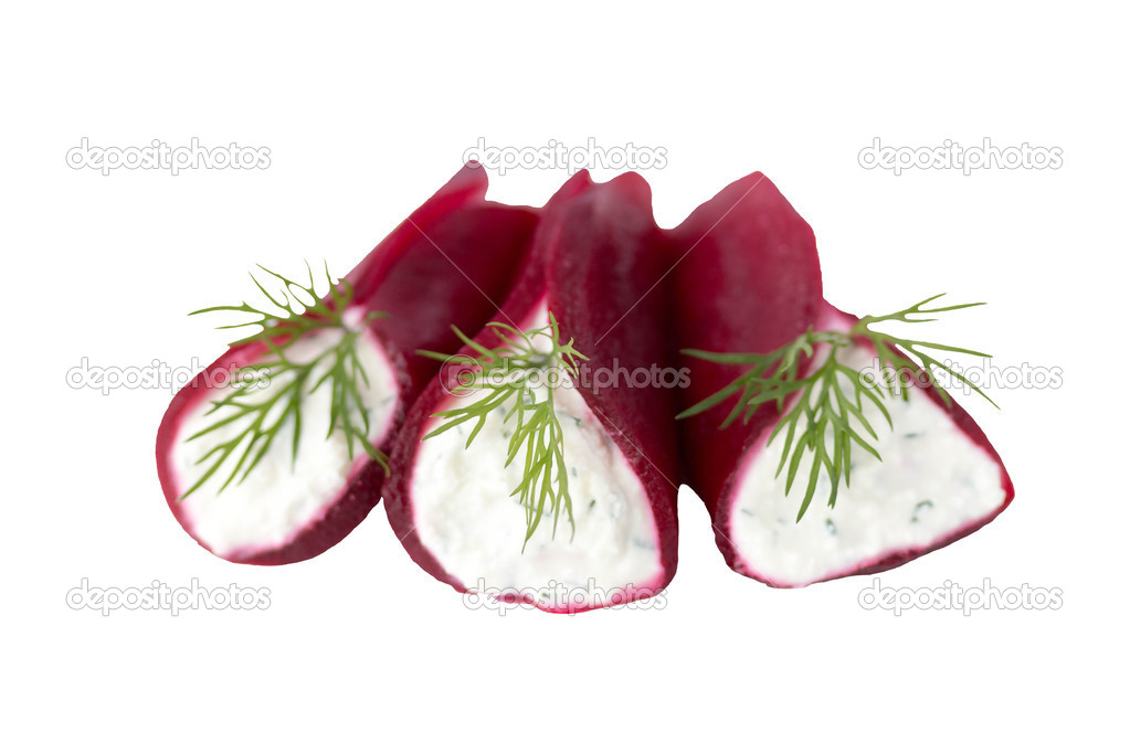 Beet appetizer with spicy a cottage cheese stuffing on a white b