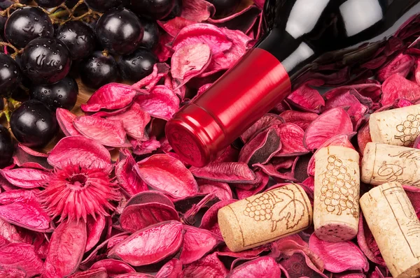 Fles rode wijn op bloemblaadjes — Stockfoto