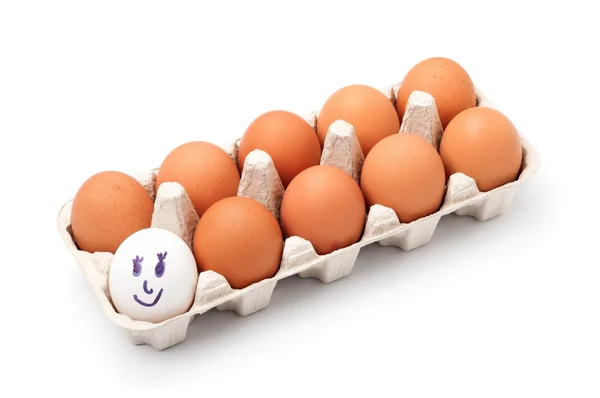 Яйца в яичной коробке на белом фоне — стоковое фото