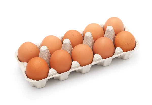 Ovos castanhos em caixa de ovo sobre fundo branco — Fotografia de Stock