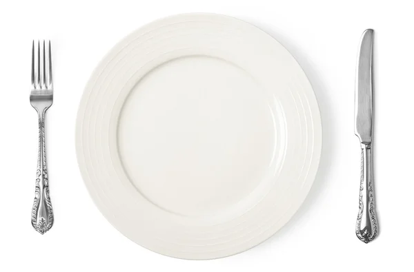 Vintage bıçak, çatal ve beyaz arka plan üzerinde plaka