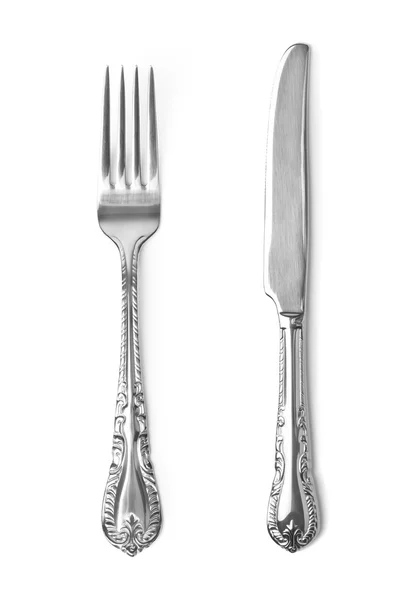 Coltello e forchetta vintage su sfondo bianco — Foto Stock