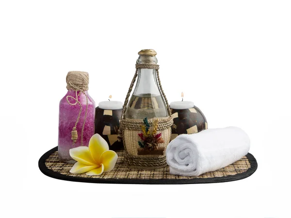 Spa background with bath salts, a towel and a candle — Stock Photo, Image