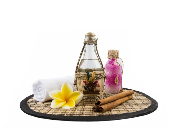 Spa background with bath salts, a towel and a candle — Stock Photo, Image