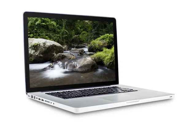 Laptop geïsoleerd op zwarte achtergrond — Stockfoto