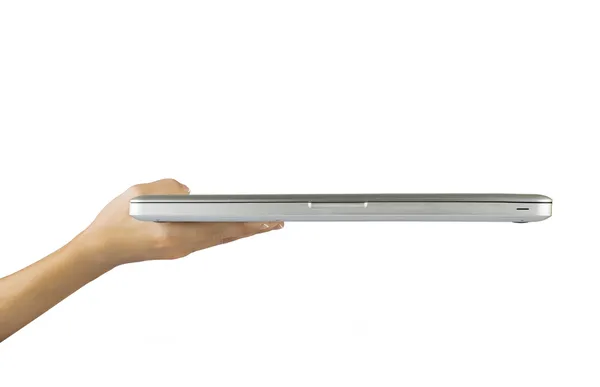 Laptop női kézzel elszigetelt fehér háttér — Stock Fotó