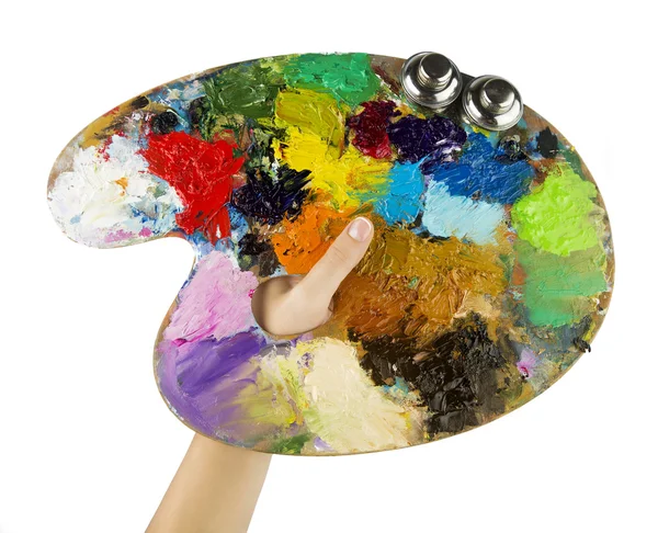 Artists hands holding a paint brush and palette — Stock Photo, Image