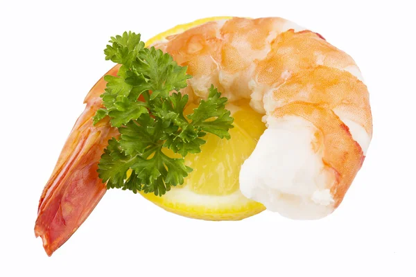 Green salad with shrimps and lemon — Stock Photo, Image