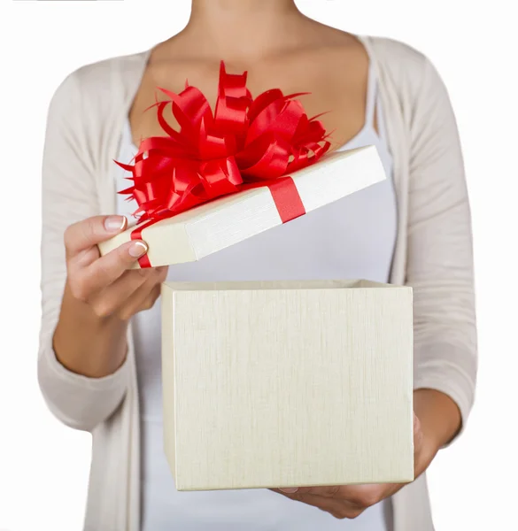 Christmas gift box with hand open — Stock Photo, Image