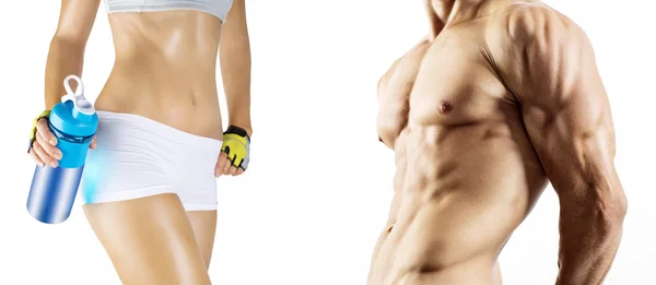 Bodybuilding. starker Mann und eine Frau posieren. — Stockfoto