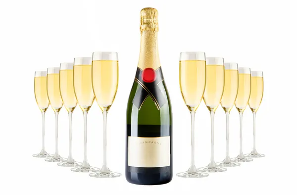 Champagne bottle and champagne glasses — Stock Photo, Image