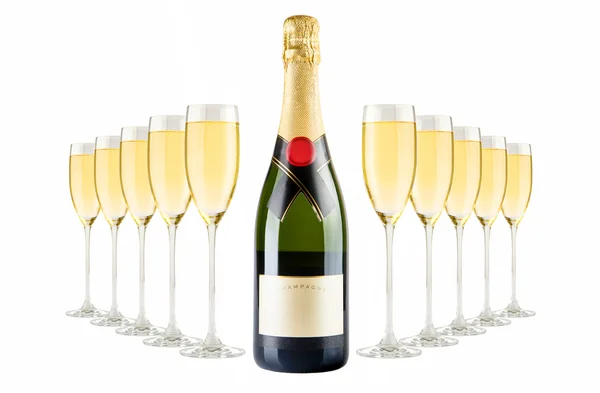 Champagne flaska och champagneglas — Stockfoto