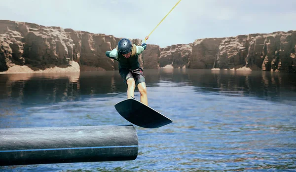 Wakeboarder Making Tricks River Wakeboarding Water Spor — Stok Foto