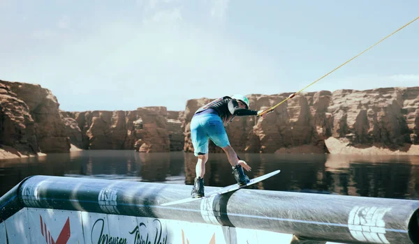 Wakeboarder Making Tricks River Wakeboarding Water Spor — Stok Foto