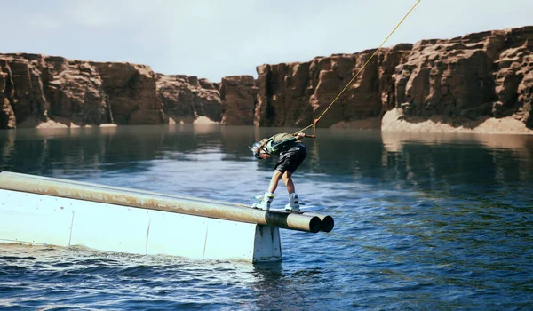 Wakeboarder Making Tricks River Wakeboarding Water Spor — Foto de Stock