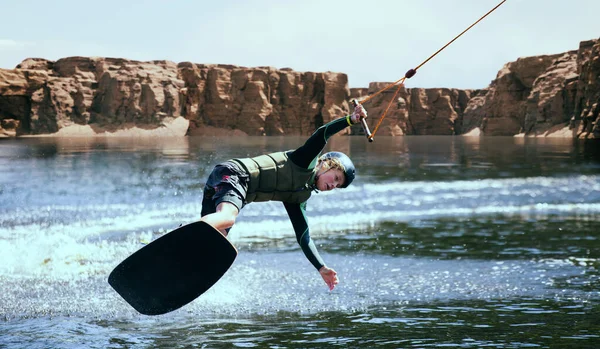 Wakeboarder Making Tricks River Wakeboarding Water Spor — 스톡 사진