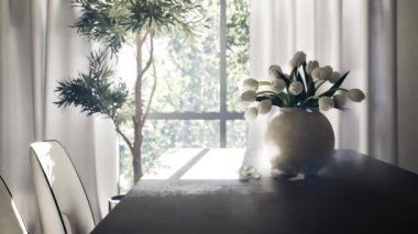 Home interior with decor, living room in white warm color, 3d render.