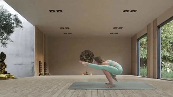 Young Athletic Attractive Woman Practicing Yoga Wooden Yoga — 스톡 사진