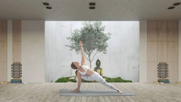 Young Athletic Attractive Woman Practicing Yoga Wooden Yoga — Stockfoto