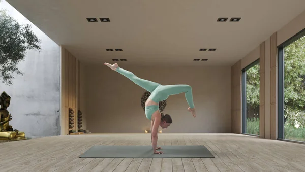 Young Athletic Attractive Woman Practicing Yoga Wooden Yoga — Fotografia de Stock