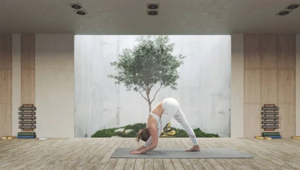 Young Athletic Attractive Woman Practicing Yoga Wooden Yoga — kuvapankkivalokuva