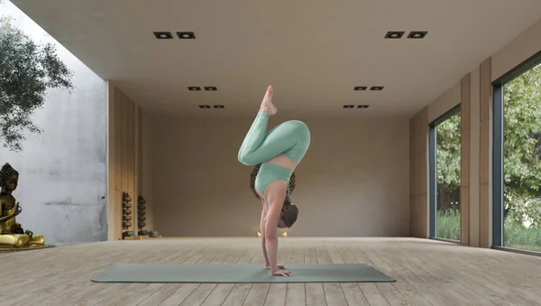 Young Athletic Attractive Woman Practicing Yoga Wooden Yoga — Stockfoto