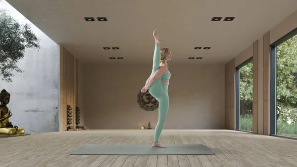 Young Athletic Attractive Woman Practicing Yoga Wooden Yoga — Fotografia de Stock