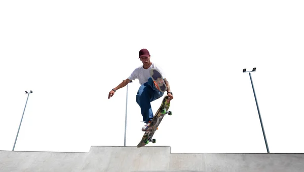 Skateboarder Fazendo Truque Isolado Fundo Branco — Fotografia de Stock