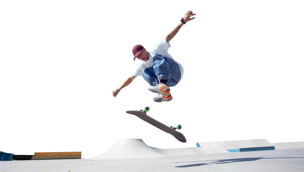Skateboarder Macht Einen Trick Isoliert Auf Weißem Hintergrund — Stockfoto