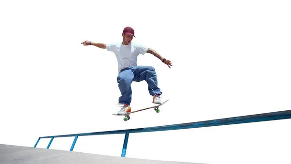滑板手在白色背景上做一个孤立的动作 — 图库照片