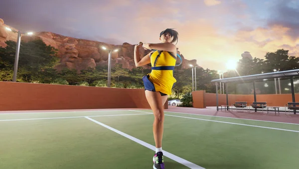 在职业网球场打网球的女人 — 图库照片
