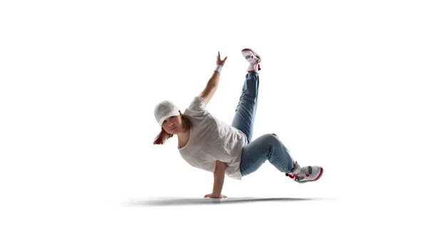 Street Táncos Lány Tánc Breakdance Elszigetelt Fehér — Stock Fotó