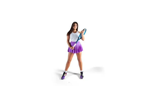 Женщина Играет Теннис Изолированы Белом — стоковое фото