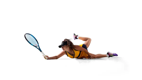 Mulher Jogando Tênis Isolado Branco — Fotografia de Stock