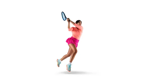 Mujer Jugando Tenis Aislado Blanco — Foto de Stock
