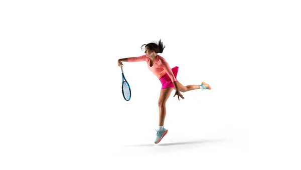 Kvinna Som Spelar Tennis Isolerad Vitt — Stockfoto