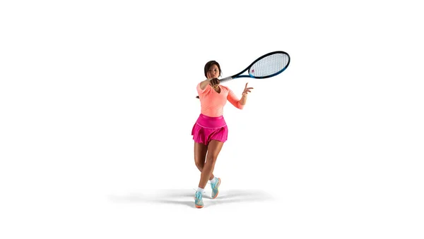 Mujer Jugando Tenis Aislado Blanco — Foto de Stock